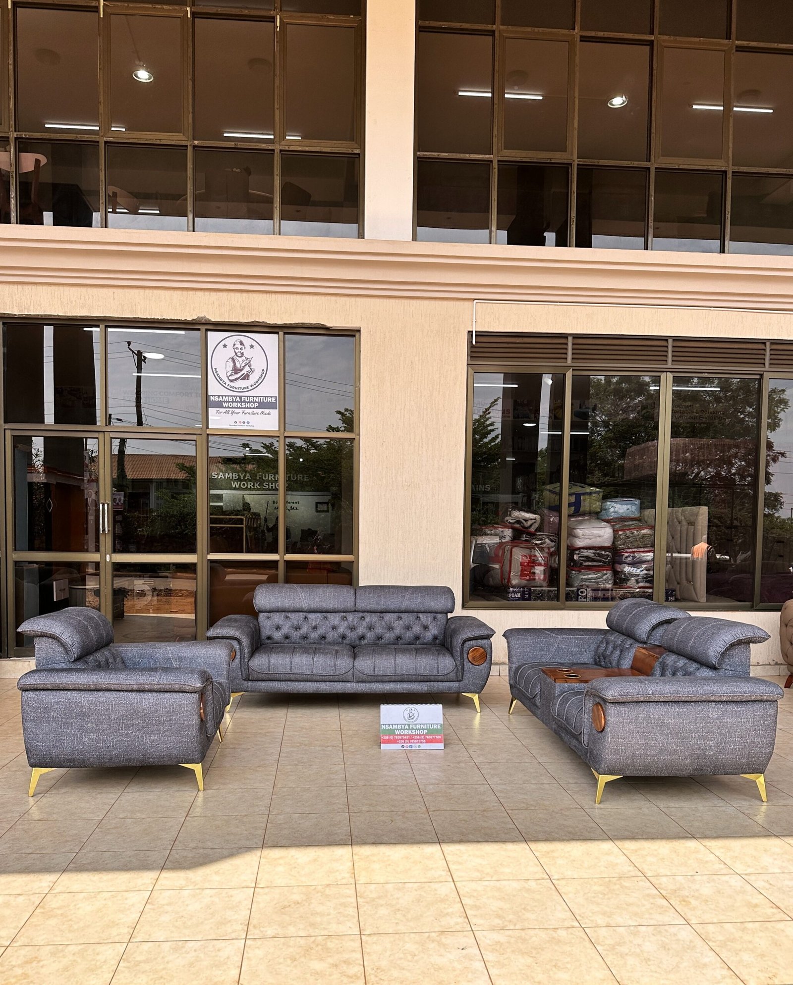 Refined Grey Tufted 6-Seater Sofa Set