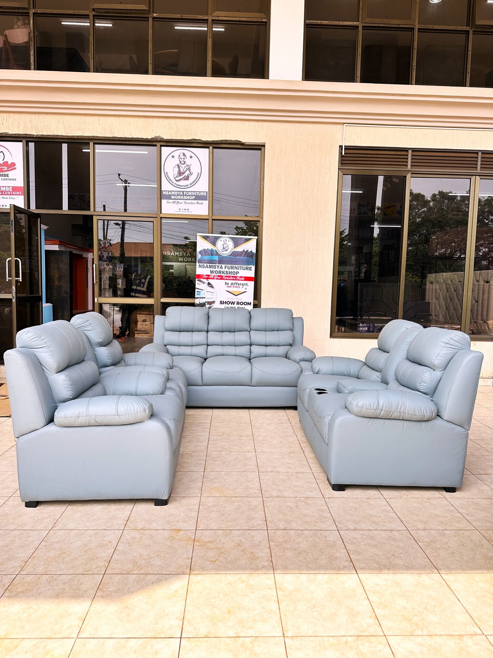 Grey Leather 7-Seater Sofa Set